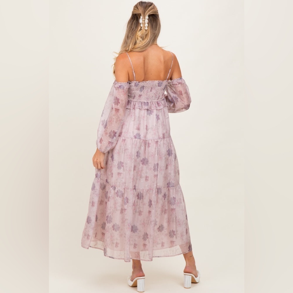 Storia Light Pink Floral Off Shoulder Long Sleeve Tiered Maxi Dress Medium girly - Picture 5 of 14